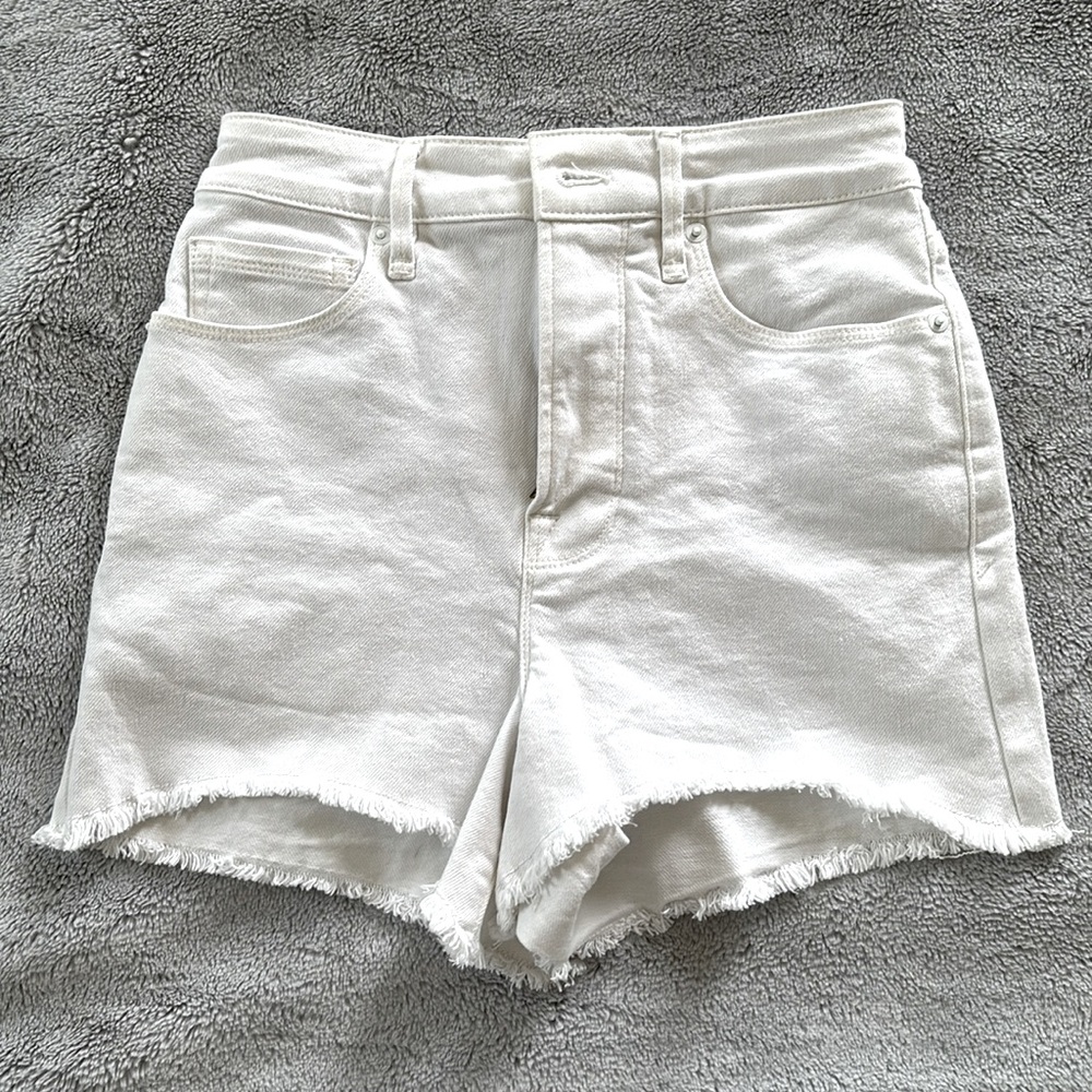 Good American high waisted White denim shorts